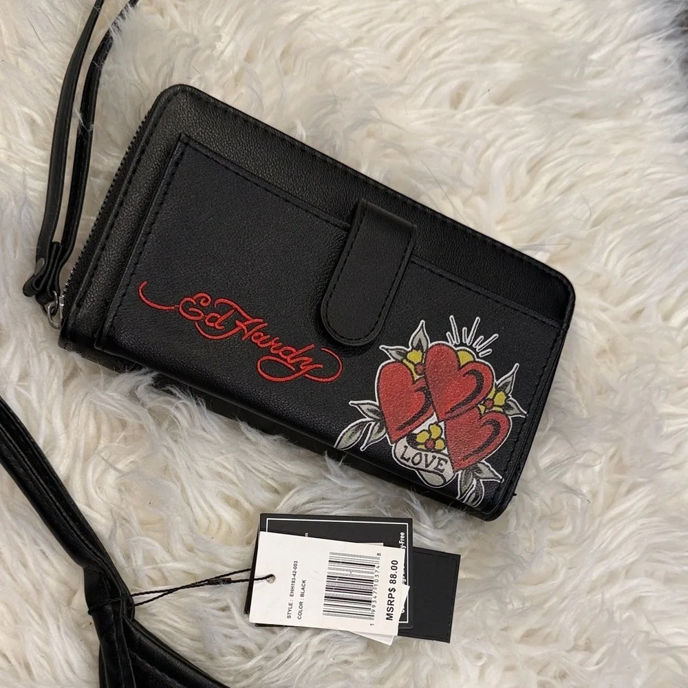 NWT Ed Hardy Black Shoulder Bag and Wallet with Red Heart Motif